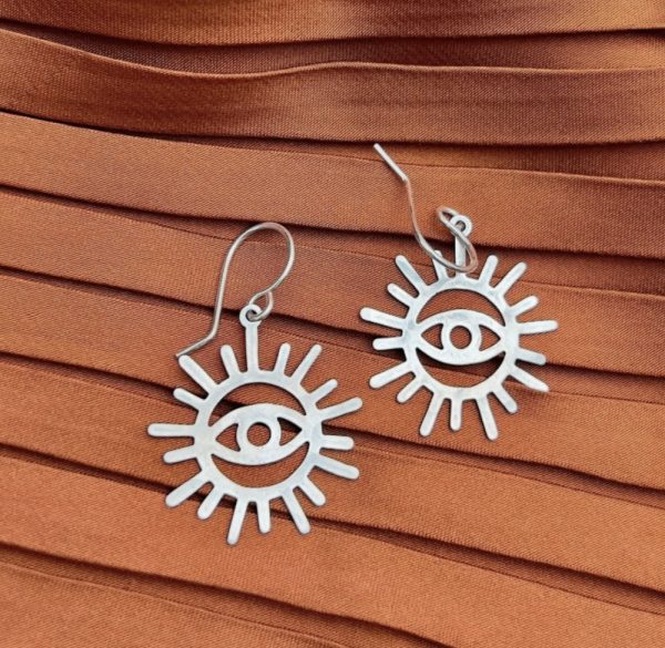 Product Image and Link for Evil Eye Sun Earrings in Silver Finish