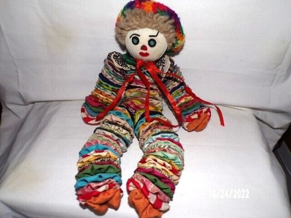 Product Image and Link for Vintage Yoyo Fabric Quilt Clown Doll Decoration Rag OLD Handmade Styrofoam Head