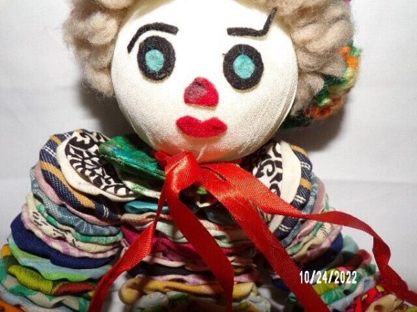 Product Image and Link for Vintage Yoyo Fabric Quilt Clown Doll Decoration Rag OLD Handmade Styrofoam Head