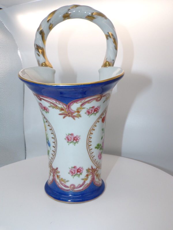 Product Image and Link for Vintage Paris Royal Peint a la Main Porcelain Blue & Gold Basket with Handle