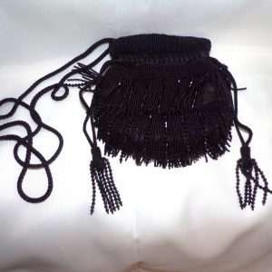 Product Image and Link for Vintage CACHE Black Beaded Flapper Fringe Evening Bag Purse