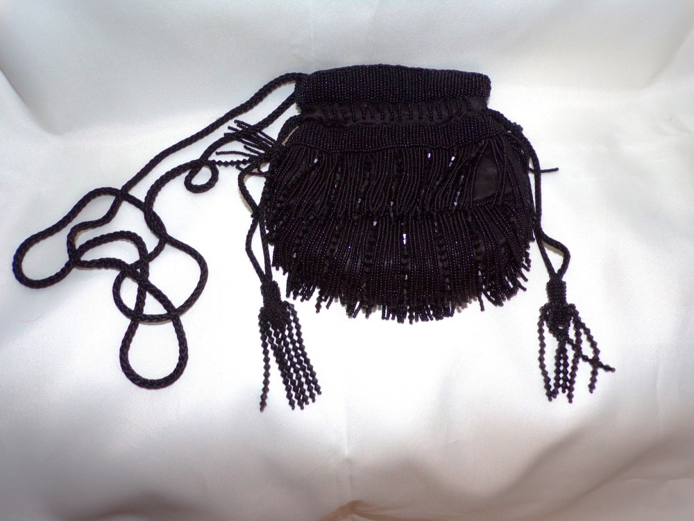 Vintage CACHE Black Beaded Flapper Fringe Evening Bag Purse
