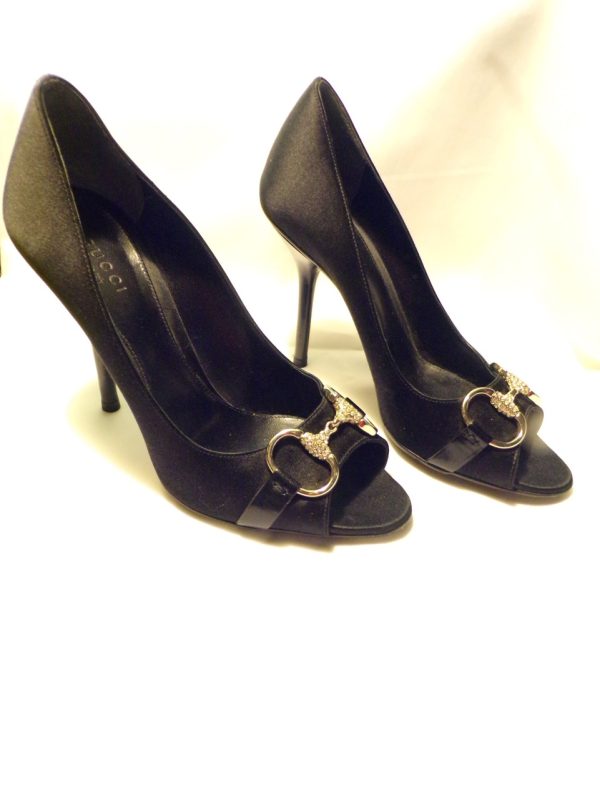 Product Image and Link for Gucci Black Satin Pumps Rhinestone Horsebit Heels Crystal Shoes Peep Toe 6B Gently Worn!