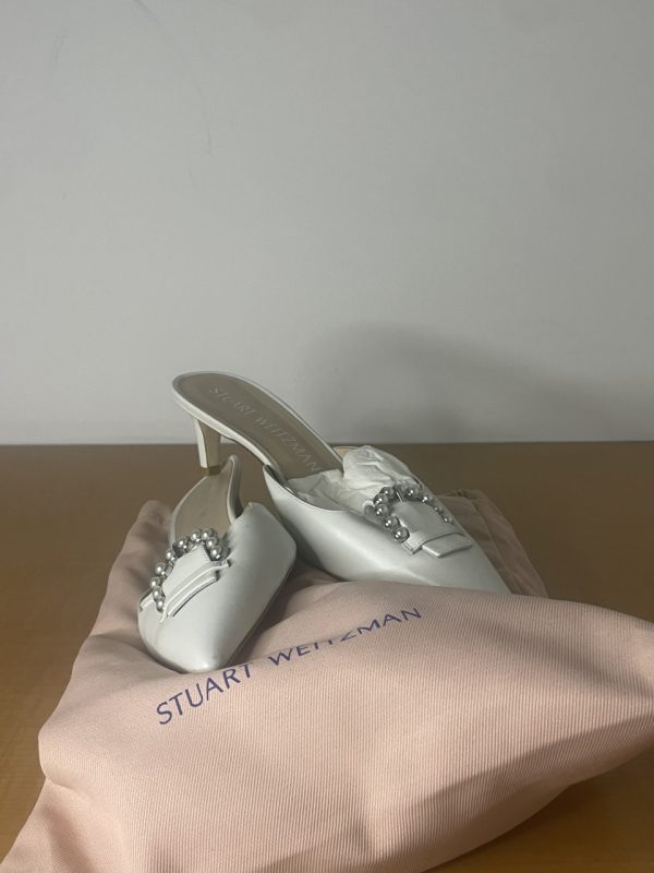 Product Image and Link for Stuart Weitzman Ladies White Pearl Buckle Pointed-Toe Mules
