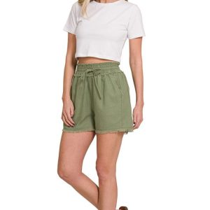 Product Image and Link for Linen Frayed Hem Drawstring Shorts with Pockets