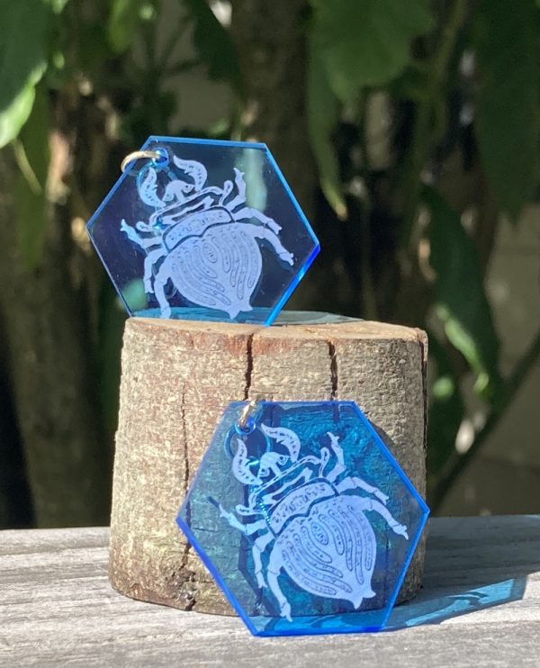 Product Image and Link for Blue Hexagon Beetle Earrings