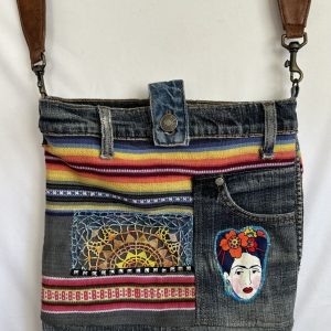 Product Image and Link for Frida Kahlo Sugar Skull Denim Repurposed Cross Shoulder Purse