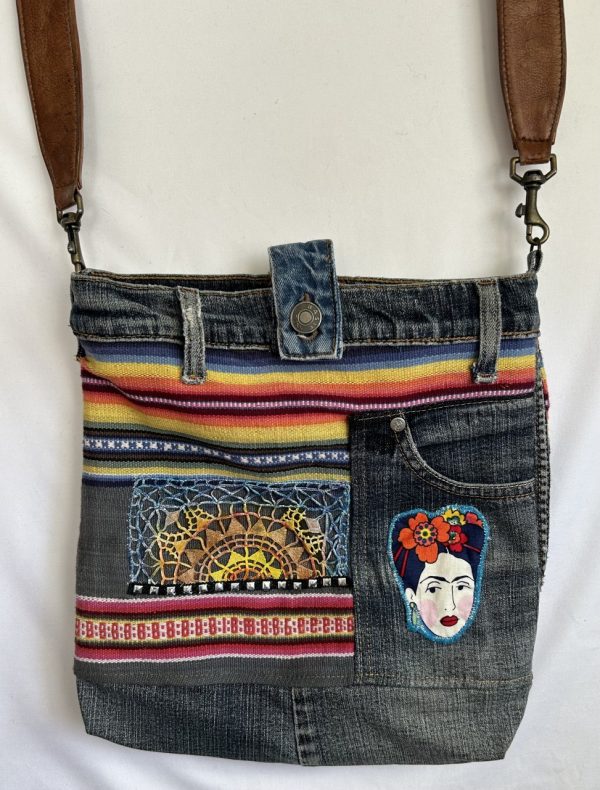 Product Image and Link for Frida Kahlo Sugar Skull Denim Repurposed Cross Shoulder Purse