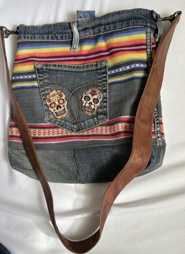 Product Image and Link for Frida Kahlo Sugar Skull Denim Repurposed Cross Shoulder Purse