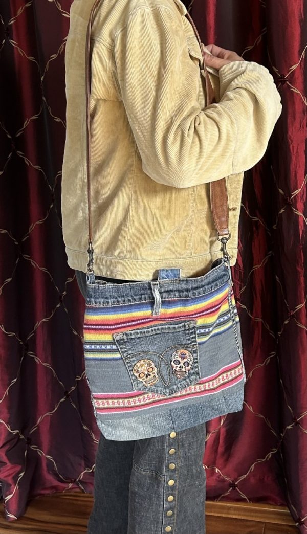 Product Image and Link for Frida Kahlo Sugar Skull Denim Repurposed Cross Shoulder Purse