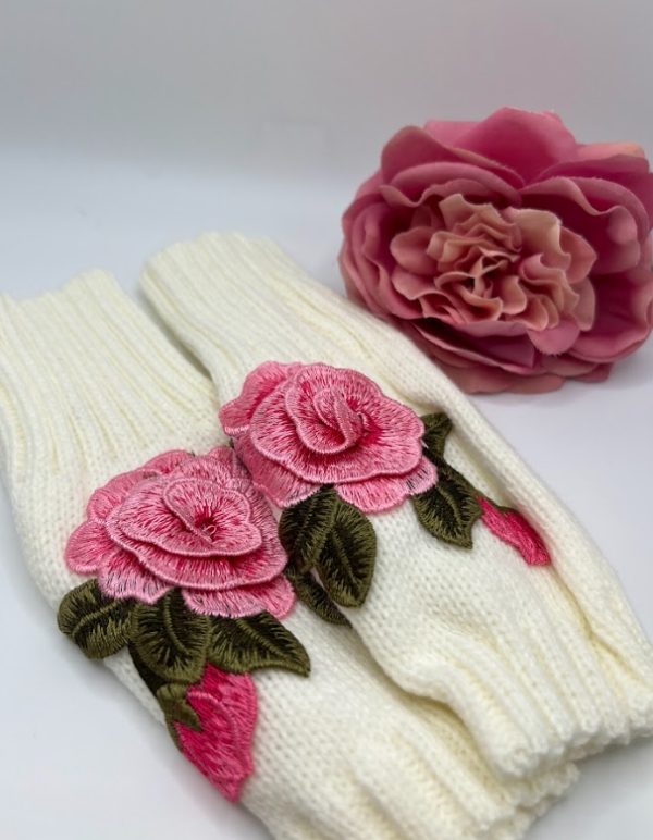 Product Image and Link for Perfect Peace Tea Founders Handmade Flower Embroidered Fingerless Knit Gloves [Pink Flower with White Background]