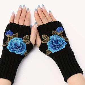 Product Image and Link for Perfect Peace Tea Founders Handmade Flower Embroidered Fingerless Knit Gloves [Blue Flower with Black Background]