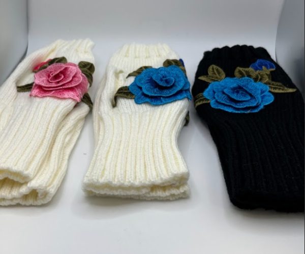 Product Image and Link for Perfect Peace Tea Founders Handmade Flower Embroidered Fingerless Knit Gloves [Pink Flower with White Background]