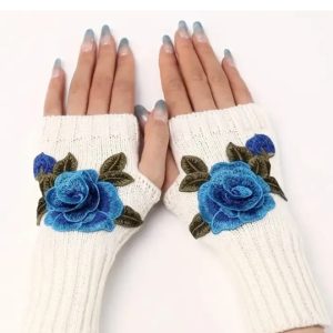 Product Image and Link for Perfect Peace Tea Founders Handmade Flower Embroidered Fingerless Knit Gloves [Blue Flower with White Background]
