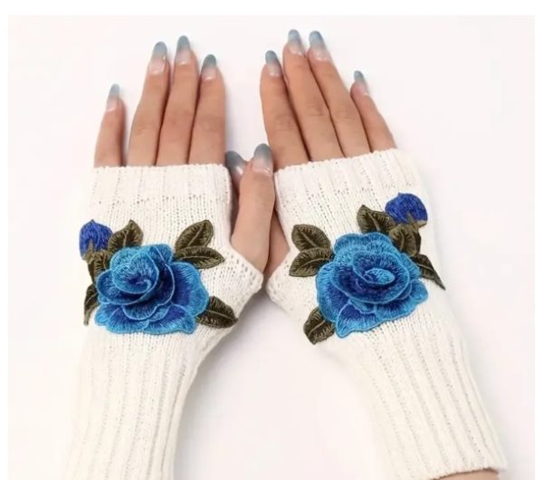 Product Image and Link for Perfect Peace Tea Founders Handmade Flower Embroidered Fingerless Knit Gloves [Blue Flower with White Background]