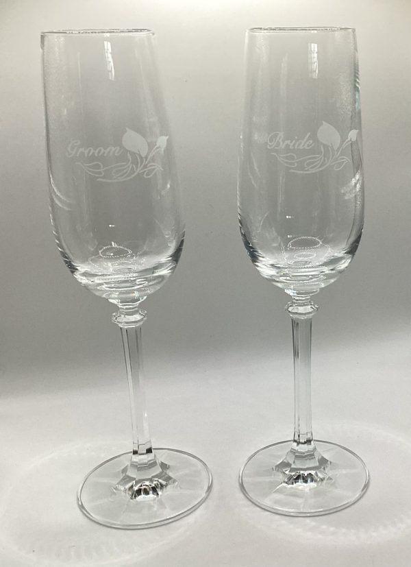 Product Image and Link for Crystal Bride & Groom Etched Champagne Flute Pair Glass