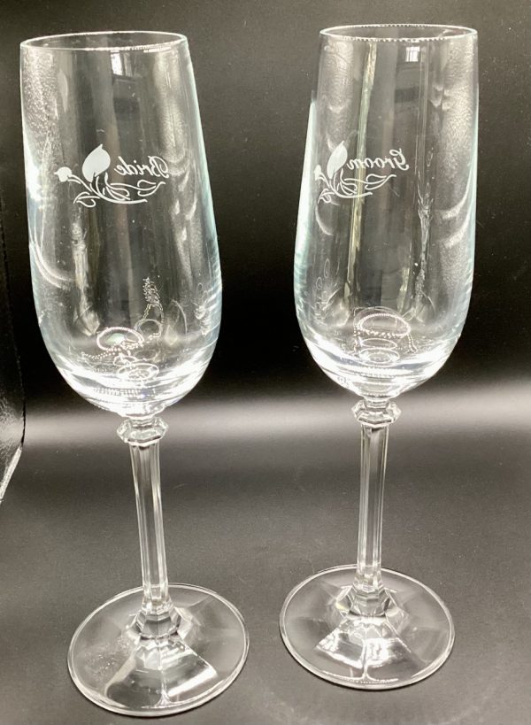 Product Image and Link for Crystal Bride & Groom Etched Champagne Flute Pair Glass