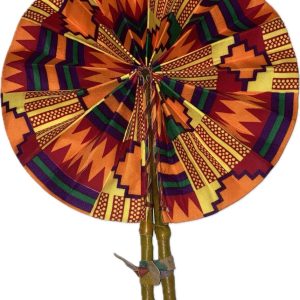Product Image and Link for Bright African Kente folding fan w/ Beautiful Mustard Gold Leather Handle