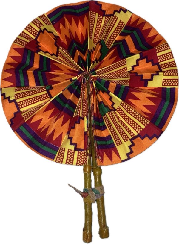 Product Image and Link for Bright African Kente folding fan w/ Beautiful Mustard Gold Leather Handle