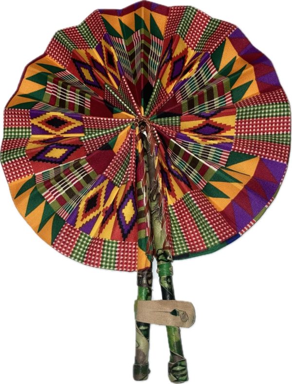 Product Image and Link for Bright African Kente folding fan w/ Nature Print Green Leather Handle