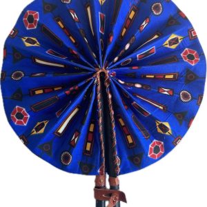 Product Image and Link for Royal Blue African Fan (Folding). Black Leather Handle