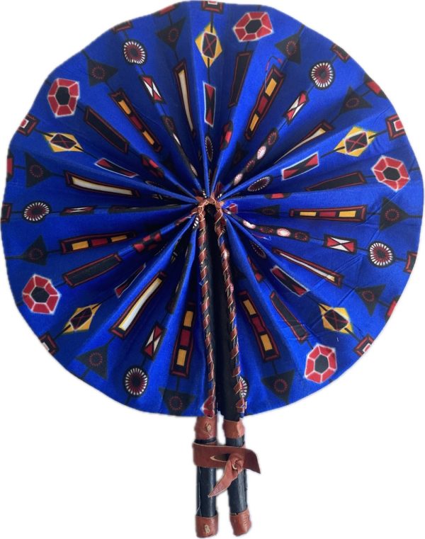 Product Image and Link for Royal Blue African Fan (Folding). Black Leather Handle