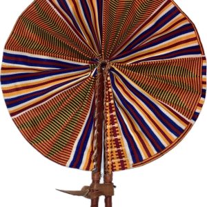 Product Image and Link for Red, White, & Blue Kente African Fan (Folding) Brown Leather Handle