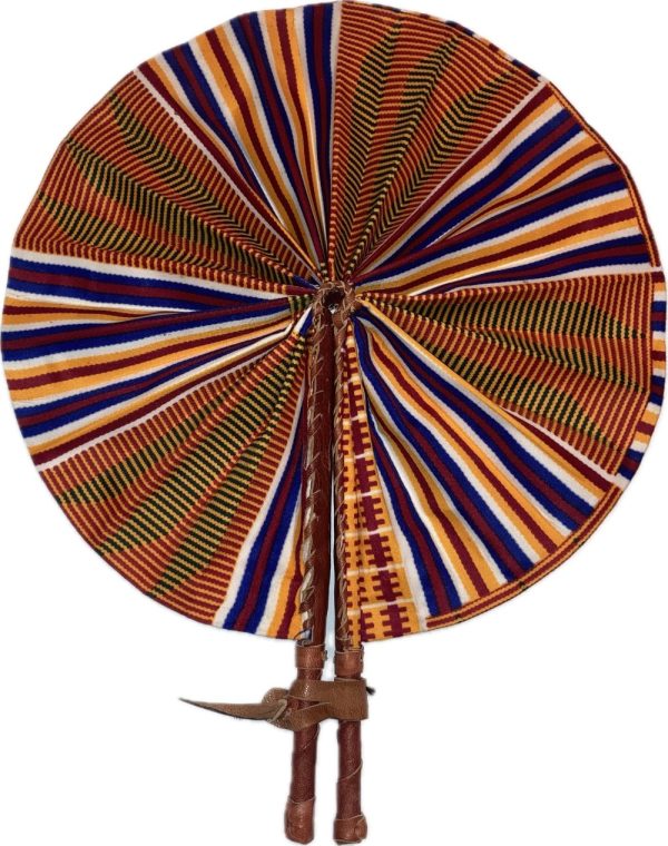 Product Image and Link for Red, White, & Blue Kente African Fan (Folding) Brown Leather Handle
