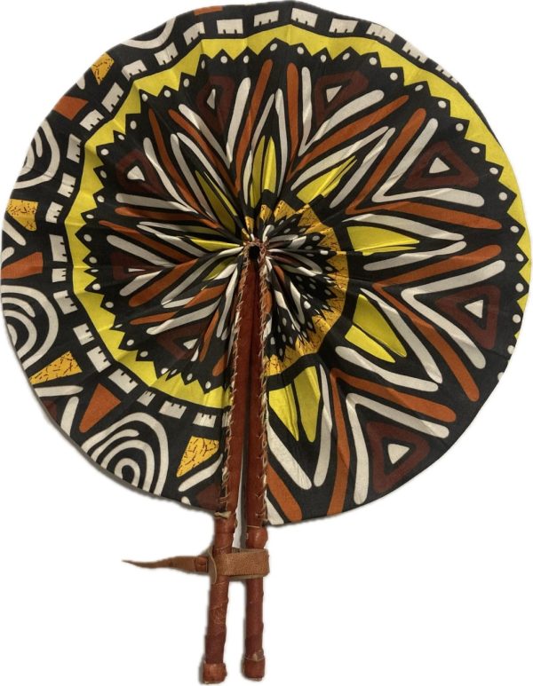 Product Image and Link for Yellow & Brown African Fan (Folding) Brown Leather Handle