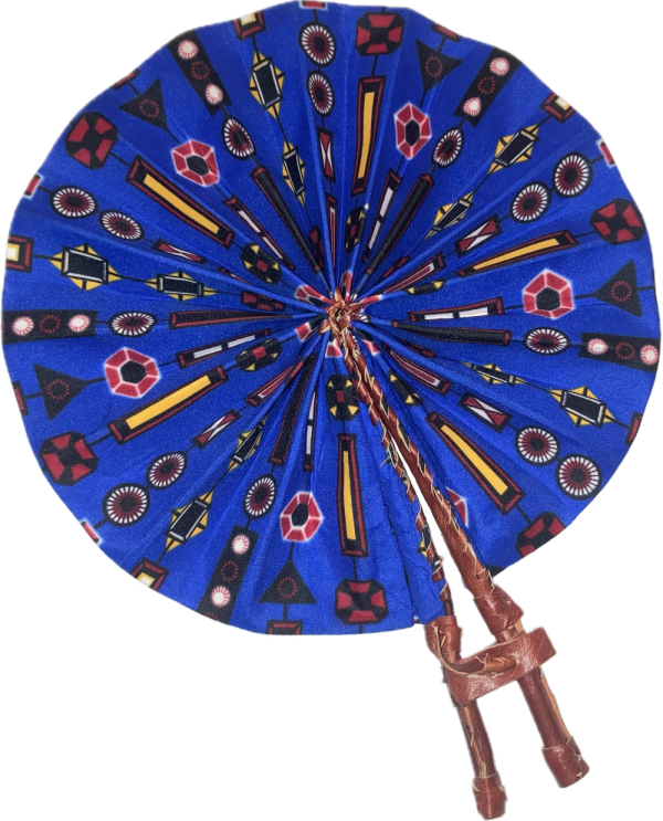 Product Image and Link for Royal Blue African Fan (Folding) Tan Leather Handle