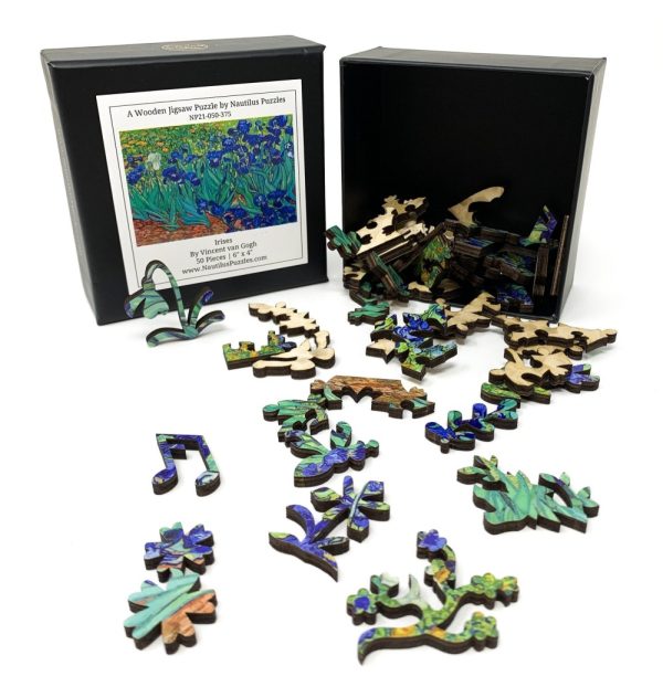 Product Image and Link for Irises By Vincent Van Gogh (50 Piece Mini Wooden Jigsaw Puzzle)