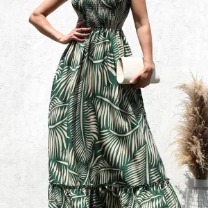 Product Image and Link for Leaf Print Sleeveless Smocked Maxi Dress