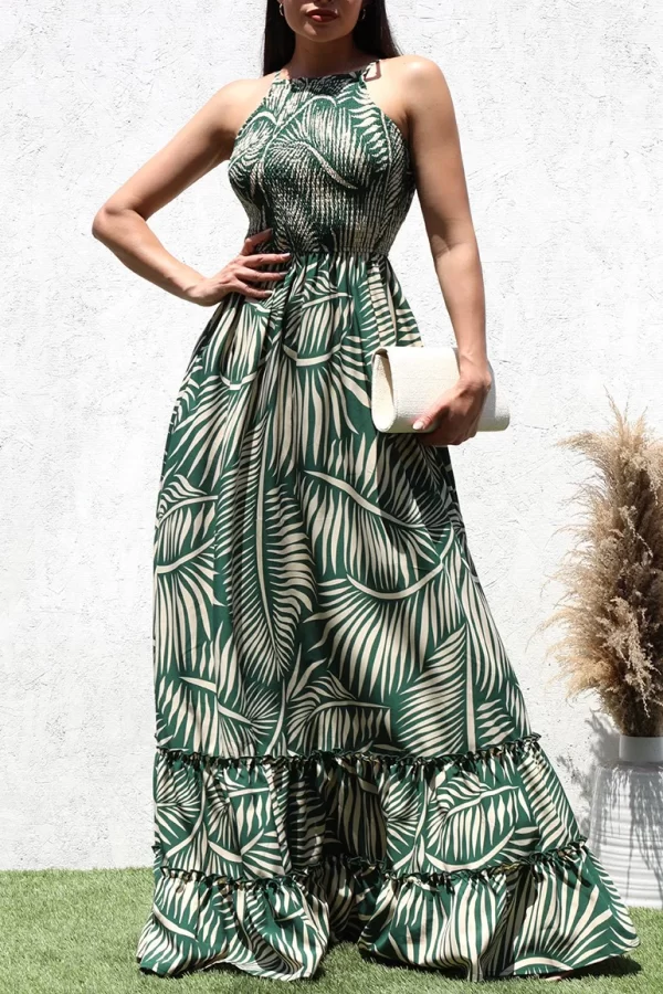 Product Image and Link for Leaf Print Sleeveless Smocked Maxi Dress