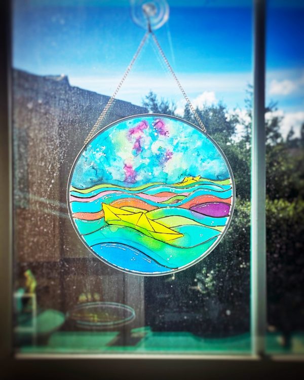 Product Image and Link for 8″ Silk Suncatcher – “Ships in the night”