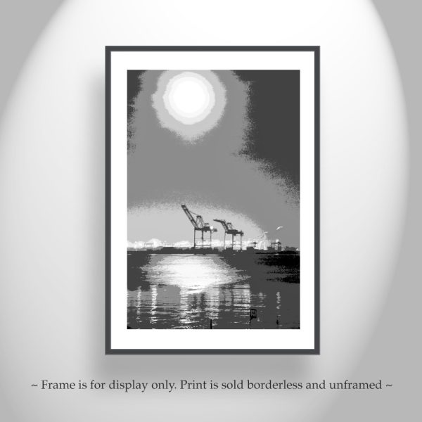 Product Image and Link for Oakland Art Print with Port of Oakland Harbor Cranes and Moon in Black and White