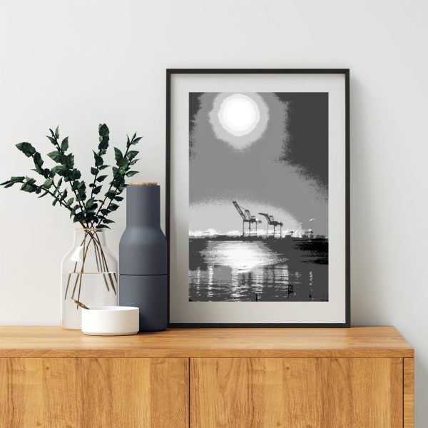 Product Image and Link for Oakland Art Print with Port of Oakland Harbor Cranes and Moon in Black and White
