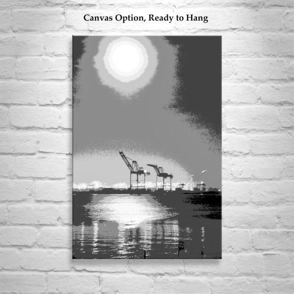 Product Image and Link for Oakland Art Print with Port of Oakland Harbor Cranes and Moon in Black and White