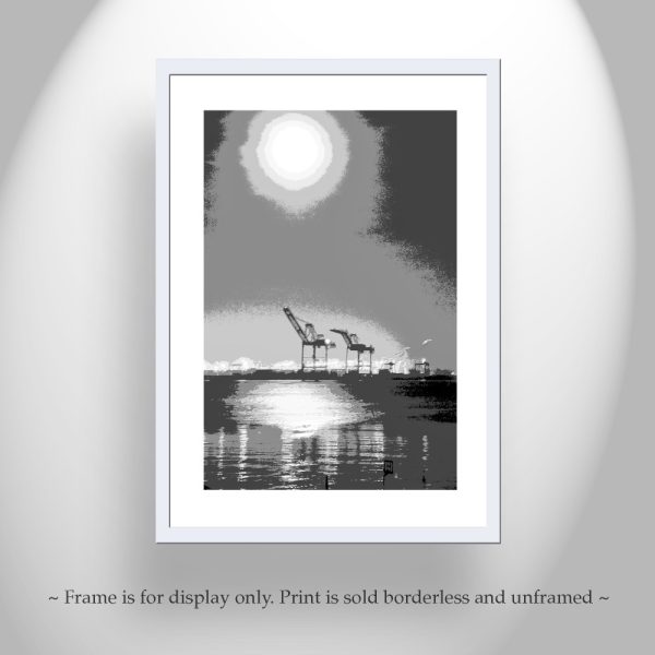 Product Image and Link for Oakland Art Print with Port of Oakland Harbor Cranes and Moon in Black and White