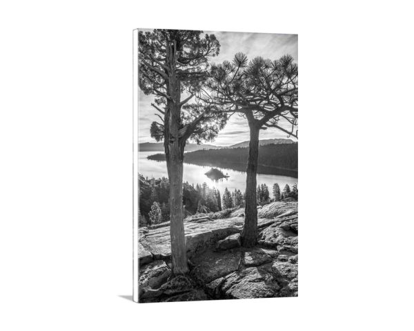 Product Image and Link for Sierra Tahoe Black and White Print with Emerald Bay as Wall Decor for Home