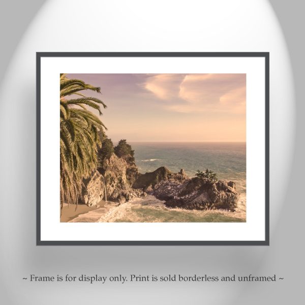 Product Image and Link for Big Sur Photography Print at McWay Falls with Palm Tree in Vintage Sepia Tone