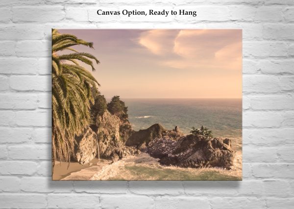 Product Image and Link for Big Sur Photography Print at McWay Falls with Palm Tree in Vintage Sepia Tone