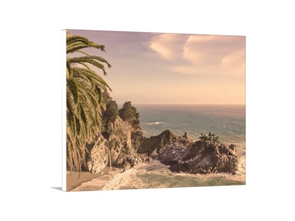 Product Image and Link for Big Sur Photography Print at McWay Falls with Palm Tree in Vintage Sepia Tone