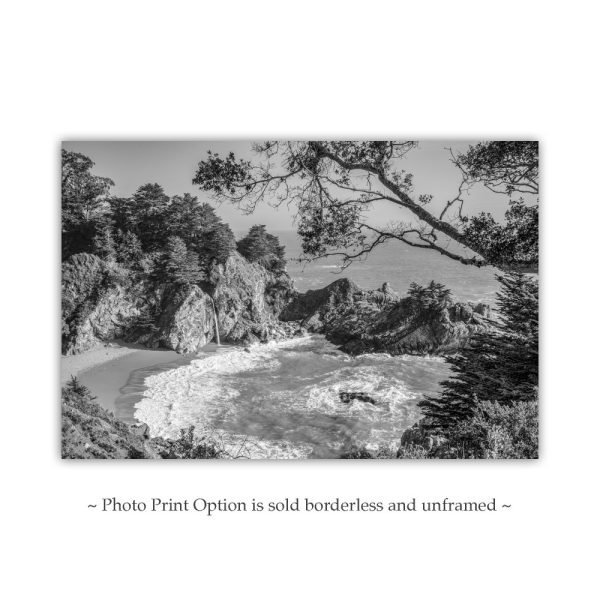 Product Image and Link for Big Sur Photography Print in Black and White with McWay Falls as Wall Decor for Home or Office