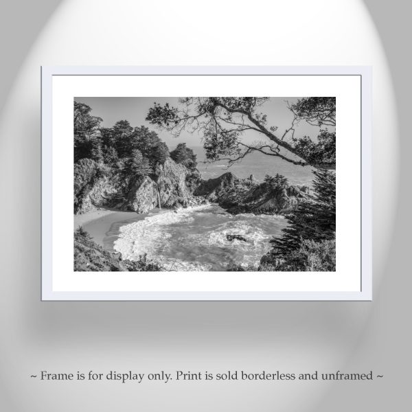Product Image and Link for Big Sur Photography Print in Black and White with McWay Falls as Wall Decor for Home or Office