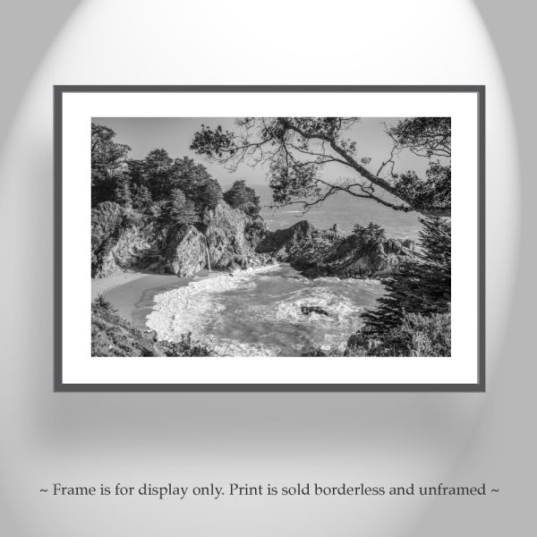 Product Image and Link for Big Sur Photography Print in Black and White with McWay Falls as Wall Decor for Home or Office