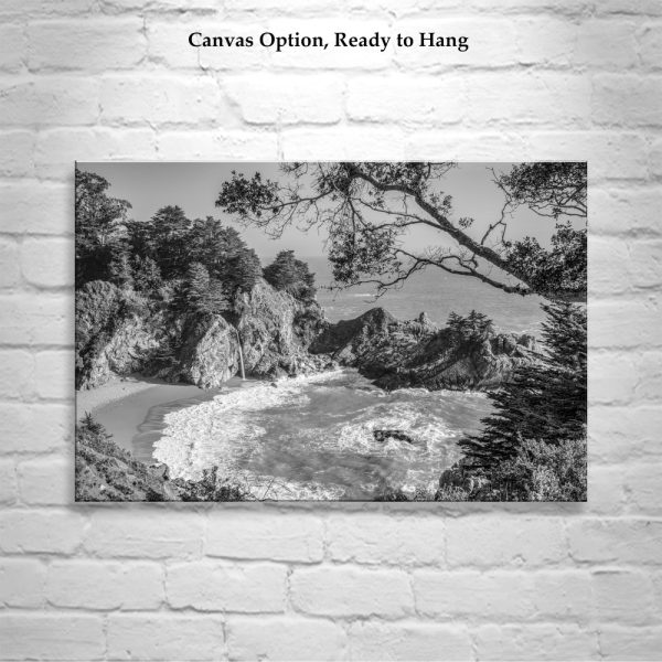 Product Image and Link for Big Sur Photography Print in Black and White with McWay Falls as Wall Decor for Home or Office