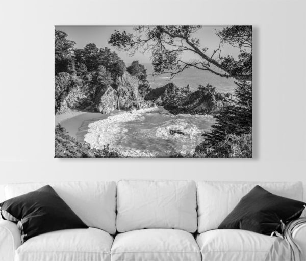Product Image and Link for Big Sur Photography Print in Black and White with McWay Falls as Wall Decor for Home or Office