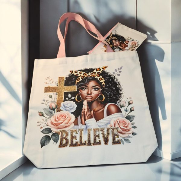 Product Image and Link for Inspirational Tote & Cosmetic Bag Set – Believe in Prayer – Religious Gift for Her