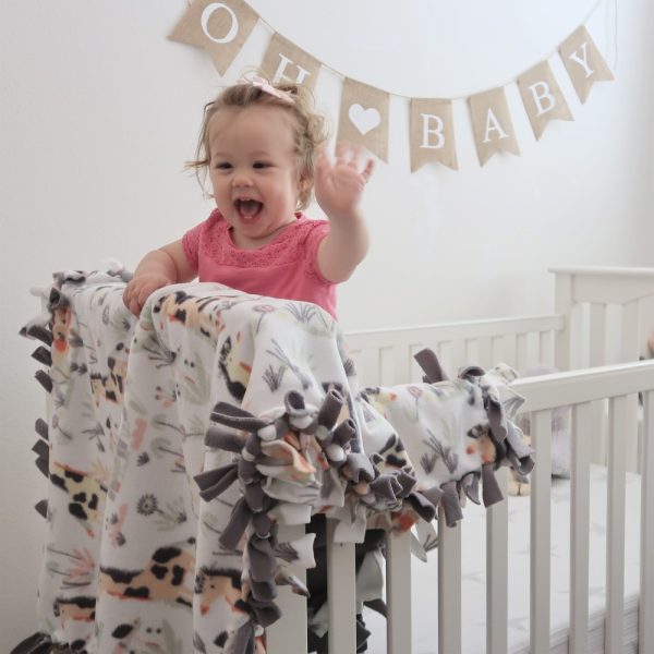 Product Image and Link for No Sew Anti-Pill Fleece Tie Blanket – 🦒 Sweet Jungle Cuddles Print w/ Grey Alloy ⚙️Solid Backing