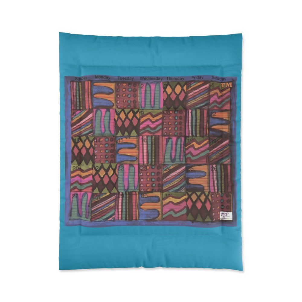 Product Image and Link for Comforter: “Psychedelic Calendar Muted(tm)” – Four Sizes – Turquoise Background